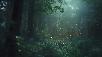 Fototapeta premium Mystical forest scene featuring luminous particles suspended in the air