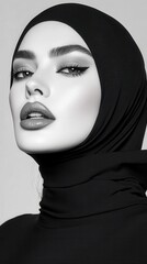 Fototapeta premium Close up monochrome portrait of a young woman wearing a black hijab, her makeup featuring glitter eyeshadow and bold lips. The background is a neutral gray.