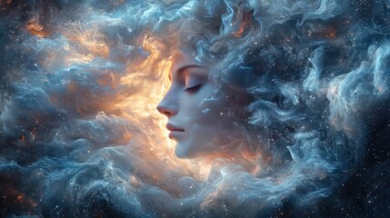Fototapeta premium A serene woman emerges from clouds of cosmic nebulas in space
