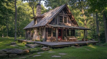 A rustic summer cabin in the woods