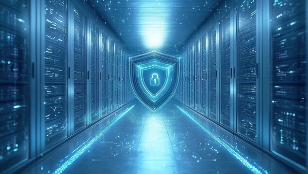 Futuristic Data Center Corridor with Digital Shield Icon Representing Cybersecurity and Data Protection in a High-Tech Environment