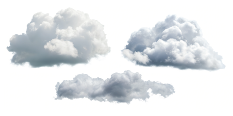 Three Different Styles of White Cloud on White, Soft and Fluffy Cloud Representation, PNG Transparent
