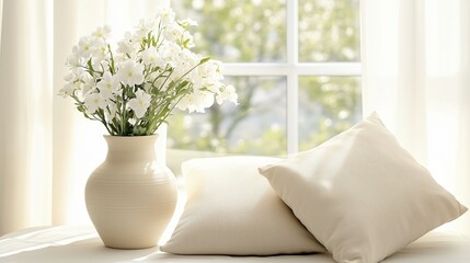 A beige ceramic vase with white flowers on the table, next to cream pillows.