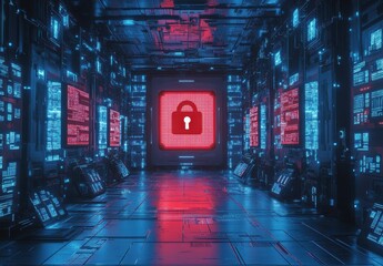 Futuristic Data Center Featuring Digital Lock Security Symbol with Neon Lights and High-Tech Panels in a Dark Aesthetic Environment