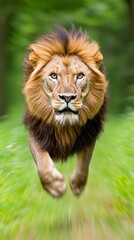 Fototapeta premium Majestic male lion charging forward, vibrant golden mane, intense gaze, blurred green grass background, motion effect, wildlife photography.