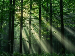 Obraz premium Exploring light through trees in a serene forest nature photography tranquil environment sunlight beams