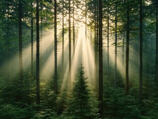 Obraz premium Sunlight streaming through trees enchanted forest nature photography serene atmosphere captured moment