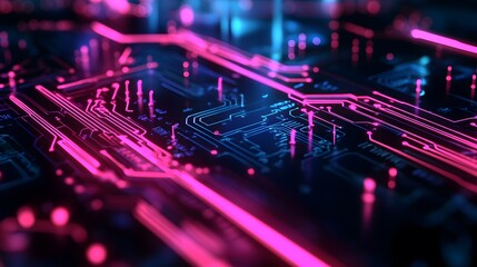 Futuristic electronic circuit board with glowing pink and blue lights