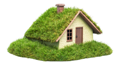 Green roofed compact dwelling nestled in grassy landscape, embodying sustainable architectural design and environmental mindfulness