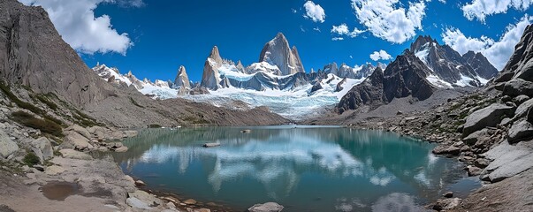 A breathtaking view of Patagonia’s towering mountains, with snow-capped peaks reflecting in a crystal-clear glacial lake