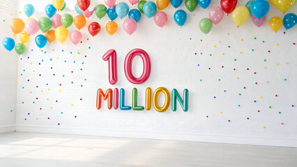 Bright and colorful "10 Million" balloon-style text floating against a crisp white background, creating a fun celebratory look.