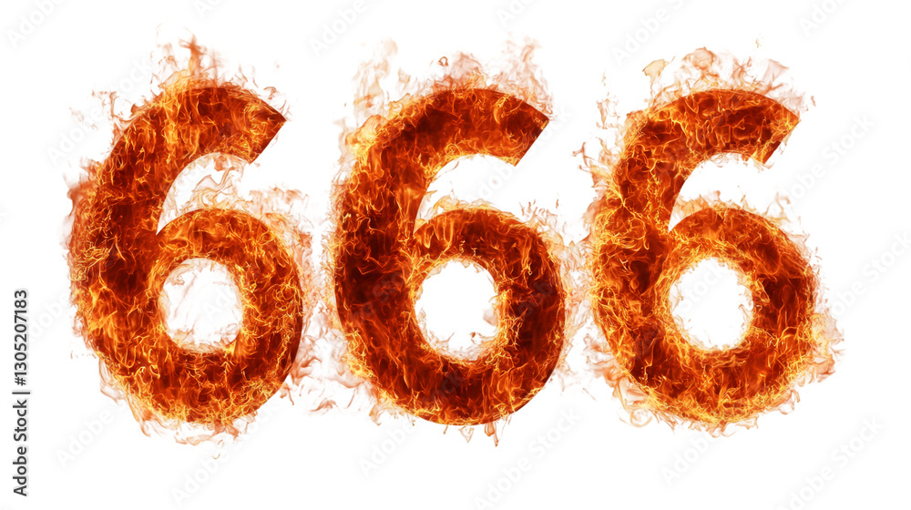 Poster Burning demonic number 666 surrounded by intense fire, transparent backdrop enabling graphic design integration