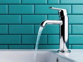 Water flowing from modern faucet in bathroom minimalist design indoor setting contemporary aesthetic