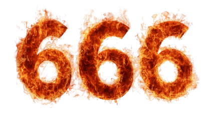 Burning demonic number 666 surrounded by intense fire, transparent backdrop enabling graphic design integration
