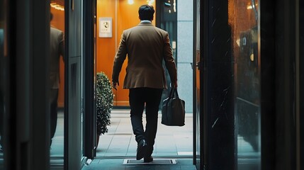 Fototapeta premium Businessman walking confidently through a modern office corridor carrying a briefcase representing the corporate professional lifestyle career ambition and workplace environment