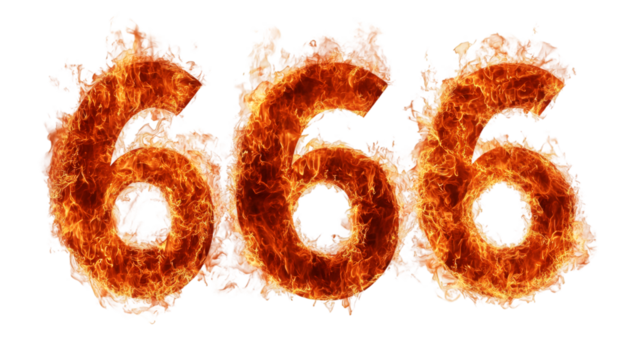 Burning demonic number 666 surrounded by intense fire, transparent backdrop enabling graphic design integration