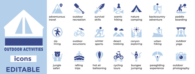 Adventure ready Outdoor Activities vector icons for camping, hiking, sports and travel. Perfect for web and print