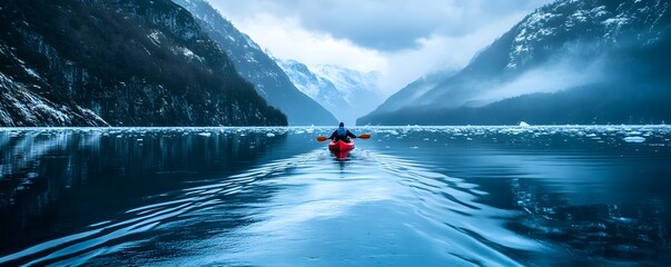 A dynamic shot of a kayaker paddling through the icy blue waters of a Patagonian fjord
