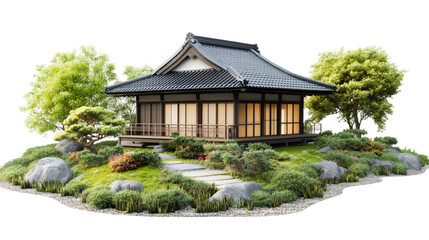 Obraz premium 3D rendering of a beautiful Japanese house with a luminous interior surrounded by a peaceful zen garden with a transparent background