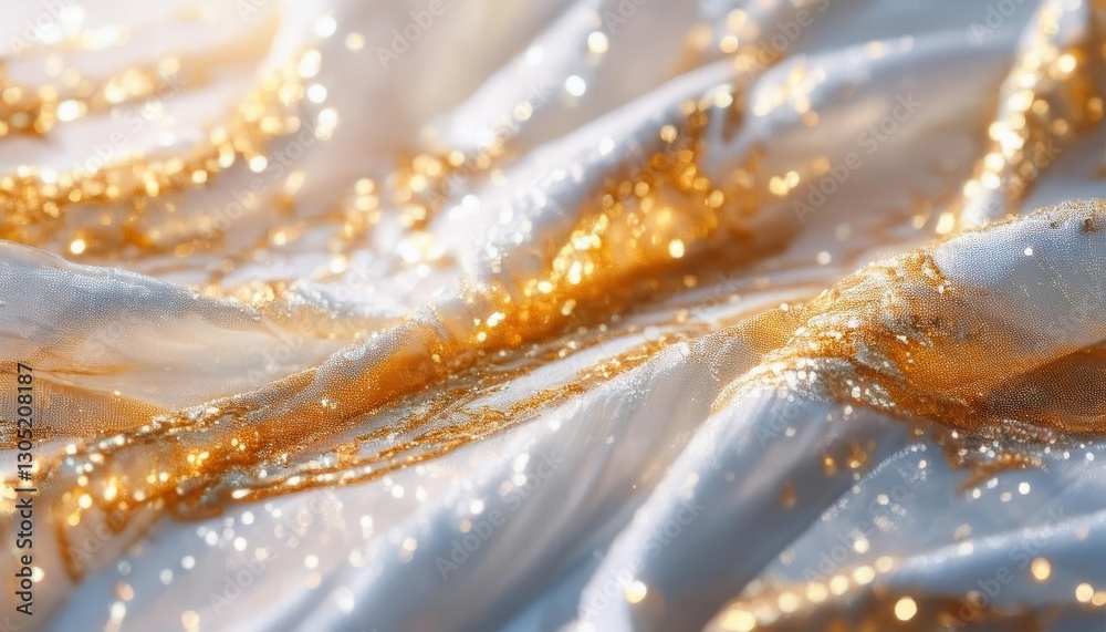 Aufkleber shimmering white fabric with gold and blue metallic veins, elegant abstract texture with soft folds 