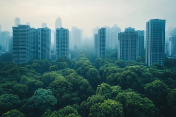 a city skyline with tall buildings and trees in the foreground and fog in the background, with a hazy sky