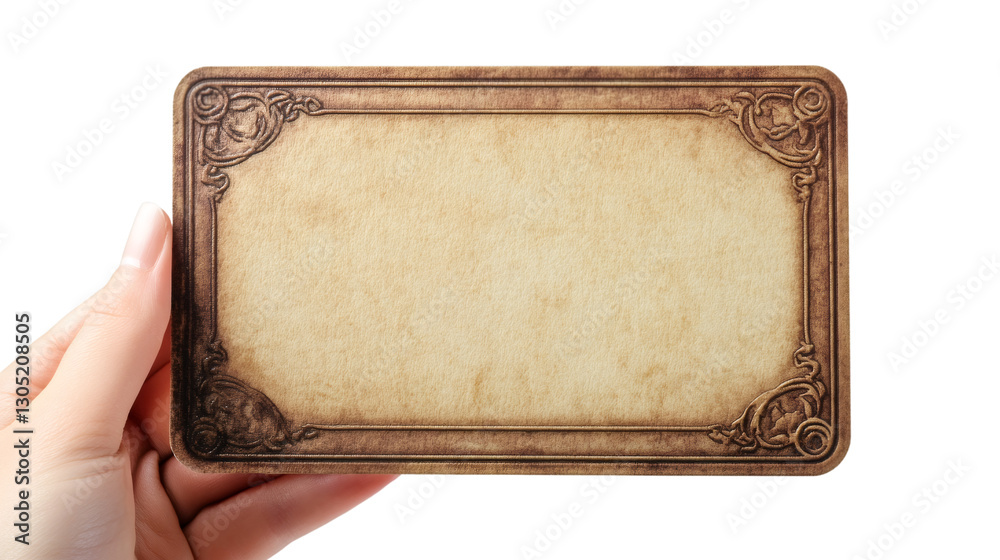 Fototapete hand holding an old blank card with an ornate border, isolated on transparent background, ideal for 