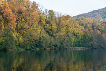 views of the Adda river during a sunny autumnal day, Trezzo d'adda, Bergamo, Lombardy