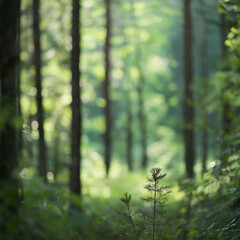 Tiny sapling in a sun-dappled forest.