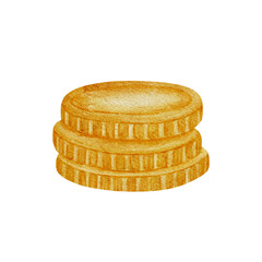 Hand drawn watercolor illustration of gold coins. Realistic style, warm golden tones. Perfect for St Patrick's Day, games, treasure themes, prints, stickers, greeting cards, scrapbooking, decor.