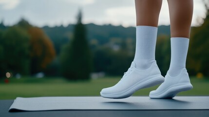Feet in white socks stand on a yoga mat, highlighting a wellness moment in an outdoor fitness training area, surrounded by nature