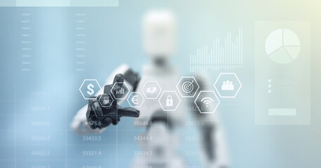 Futuristic Accounting Robot Pointing to Financial Icons, Mastering Data Analysis and Metrics with Cutting-Edge Technology for Precision in the Digital Accounting Era