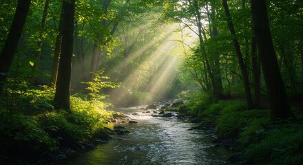 Fototapeta premium Sunbeams through green forest trees illuminating mountain stream with flowing water and moss covered rocks. Nature landscape with morning fog and light rays. Scenic view