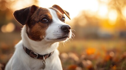 Jack Russell Terrier enjoys a warm sunset in an autumn park surrounded by orange leaves and soft light