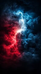 Celestial Clash: A dramatic, high-contrast image of a lightning storm where fiery red and electric blue lightning bolts illuminate dark, swirling clouds.