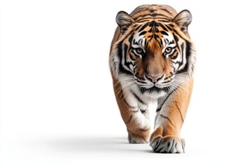 Obraz premium Majestic Stroll: A captivating tiger strides forward, its powerful presence and intense gaze command attention, a striking display of nature's beauty.