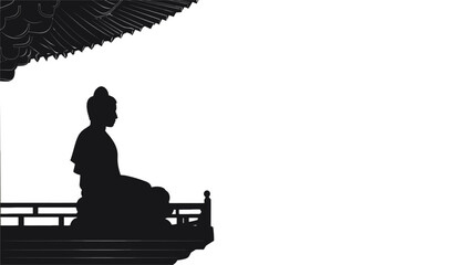 The image is a high-contrast black and white silhouette of a seated figure, possibly a statue, positioned on a structure that appears to be a temple or similar architectural element.  The figure is
