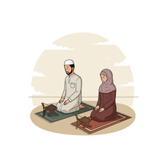 Couple Praying Together Traditionally on Prayer Rugs with Open Book Stands