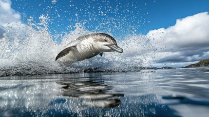 Obraz premium Antarctic Penguin Leaping in Splashing Water
