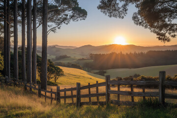 Obraz premium a serene sunrise over an idyllic countryside landscape,