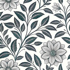 Elegant teal and white floral pattern seamless design illustration art ink dark line plant decor