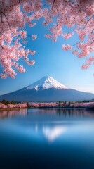 Cherry Blossoms and Majestic Mountain: A breathtaking landscape featuring delicate cherry blossom branches framing a snow-capped mountain's peak reflected in serene lake