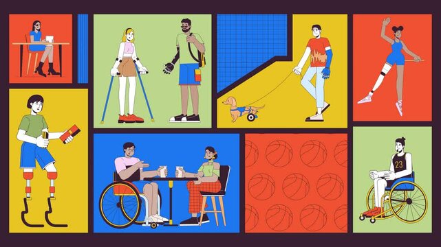 Inclusive lifestyle and accessibility animated bento grid layout. Diverse people with disabilities daily routines 2D animation flat cartoon ui collage design. 4K video motion graphic collection