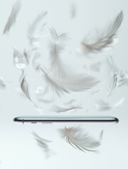 White feathers frame on soft background. Elegant white feathers arranged in a circular frame on a soft background. Ideal for design and branding