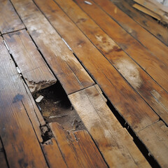 Close-up of severely damaged hardwood floor.  Gaping hole reveals dirt and debris beneath.
