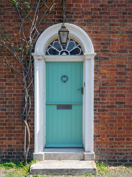 close up of an old green wooden house door with a hanging lamp and tree growing up the brick wall