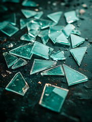 Broken teal glass shards on dark surface