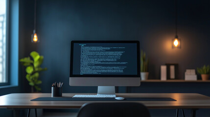 Night coding session at a minimalist desk.  A computer screen glows with lines of code.