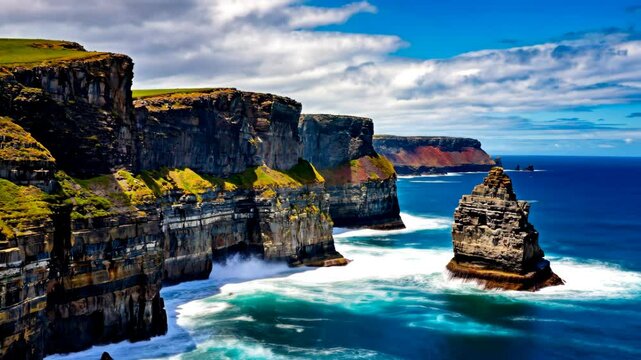 Coastal cliffs and sea stack under a bright blue sky with crashing waves
