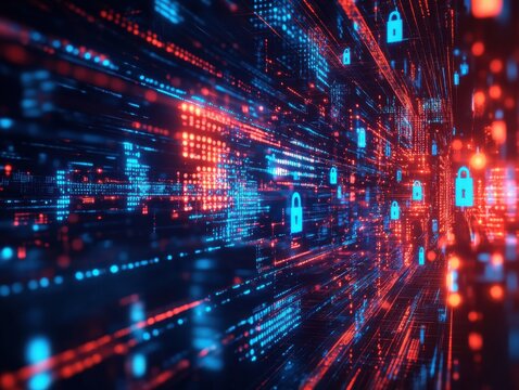 Futuristic digital landscape with glowing blue locks and vibrant red and blue particles illustrating cybersecurity and data protection themes in a virtual space