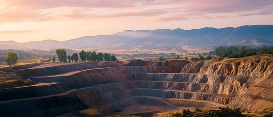 Breathtaking scenic overlook of a majestic mountain landscape with a colorful sky at spectacular sunset or sunrise  Serene and tranquil rural countryside setting with rolling hills valleys